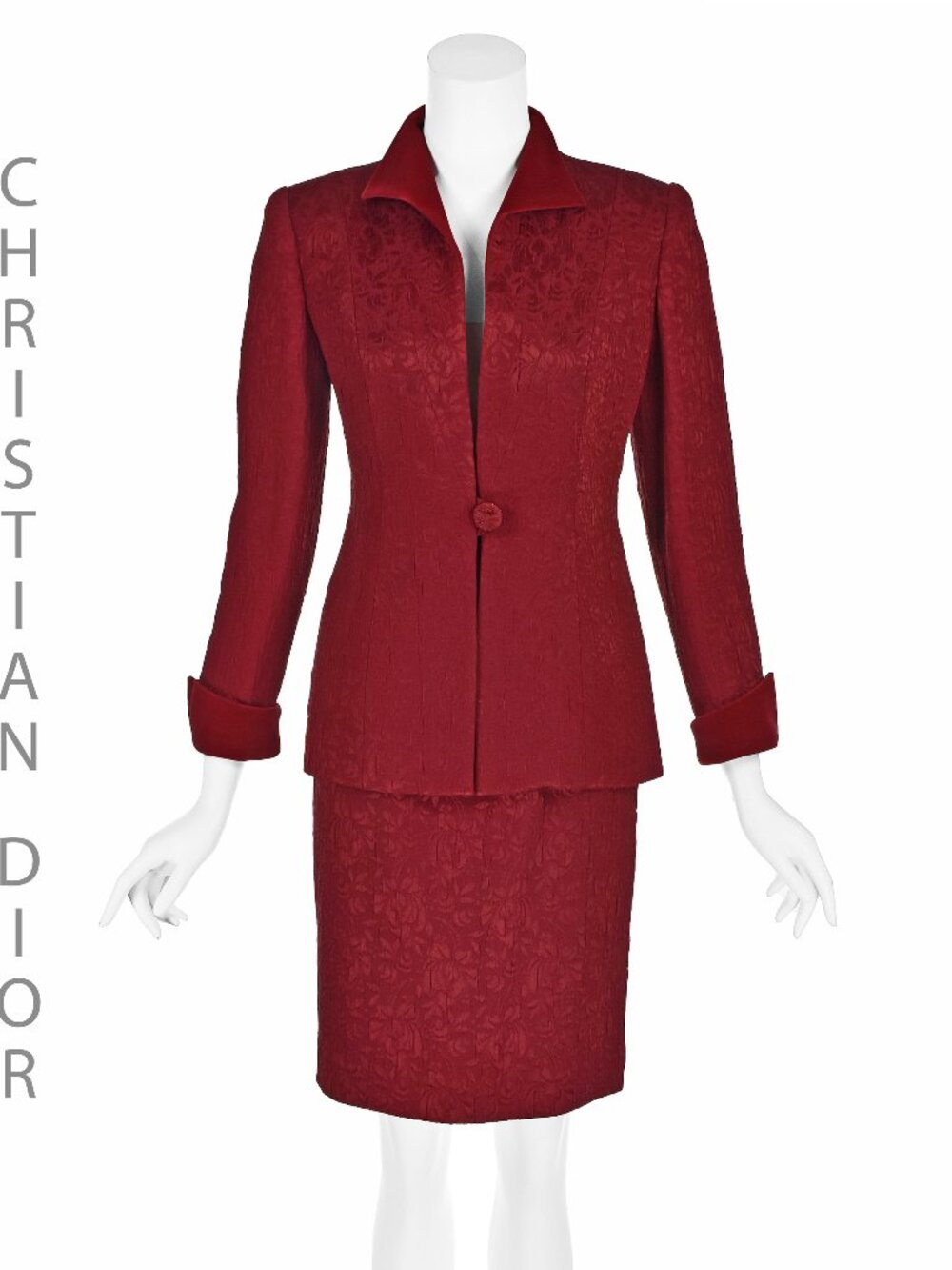 CHRISTIAN DIOR Vintage Burgundy Jacquard Skirt Suit 2P